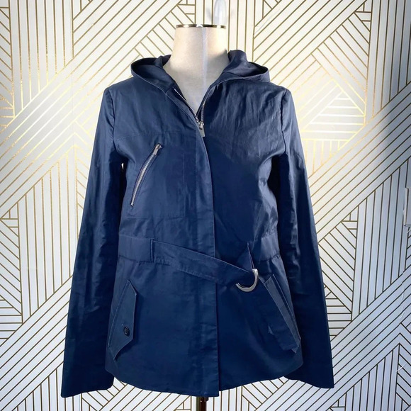 Theory Olia Hooded Belted Jacket in Navy Blue - Picture 1 of 9